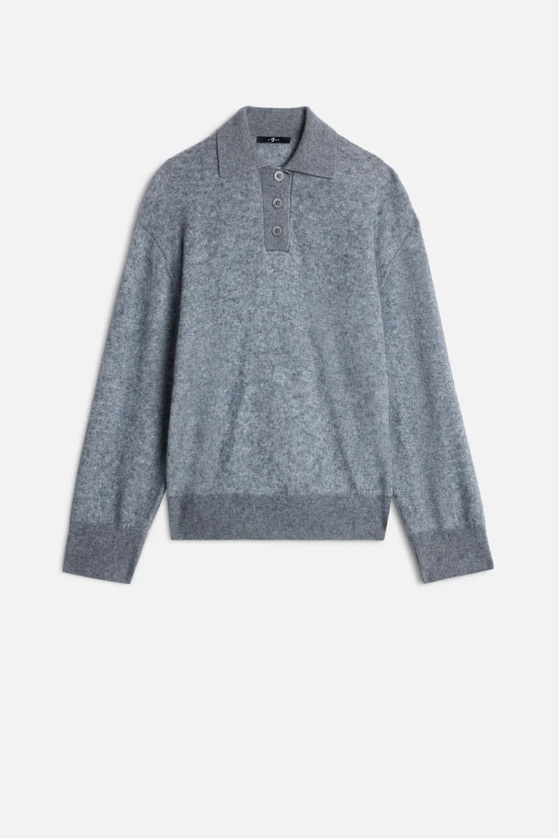Cashmere Blend Fuzzy Polo Sweater in Grey