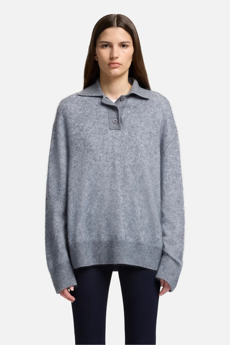 Cashmere Blend Fuzzy Polo Sweater in Grey