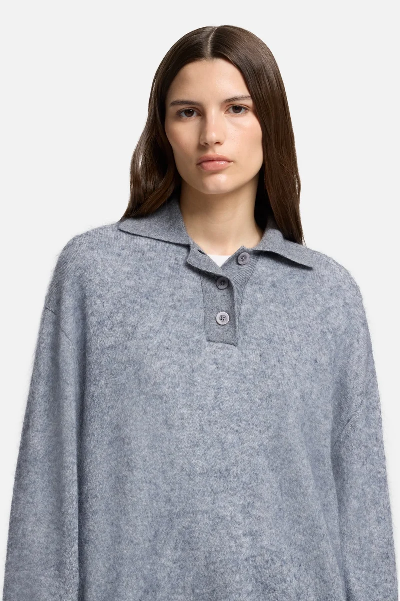 Cashmere Blend Fuzzy Polo Sweater in Grey