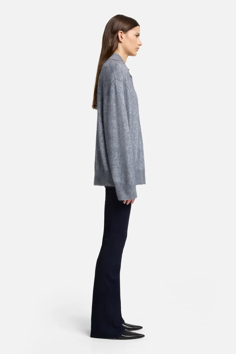 Cashmere Blend Fuzzy Polo Sweater in Grey
