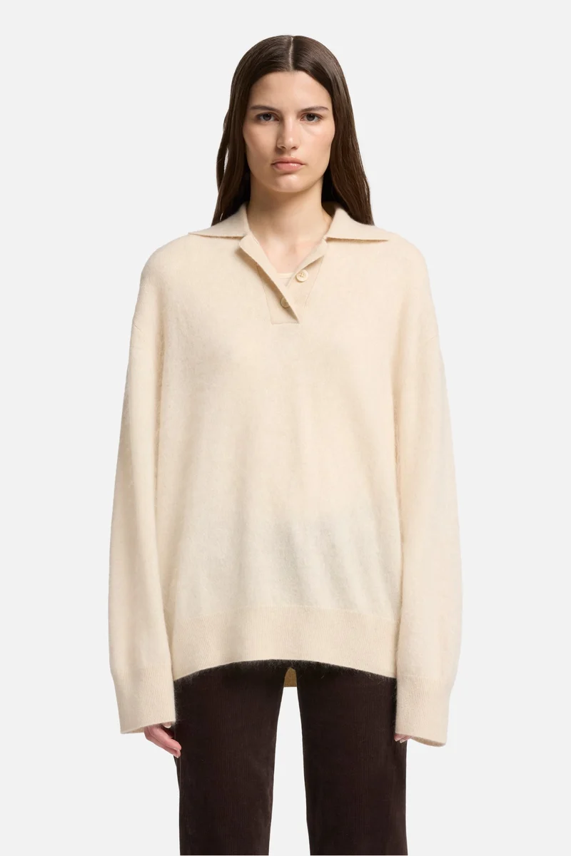 Cashmere Blend Fuzzy Polo Sweater in Ice White