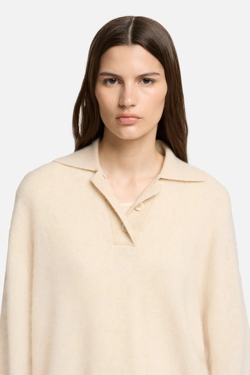 Cashmere Blend Fuzzy Polo Sweater in Ice White