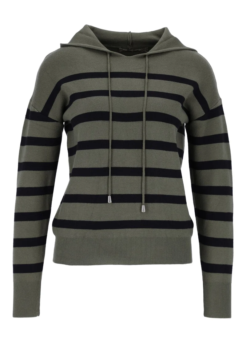 Damen Strickpullover mit Kapuze und Blockstreifen – Khaki