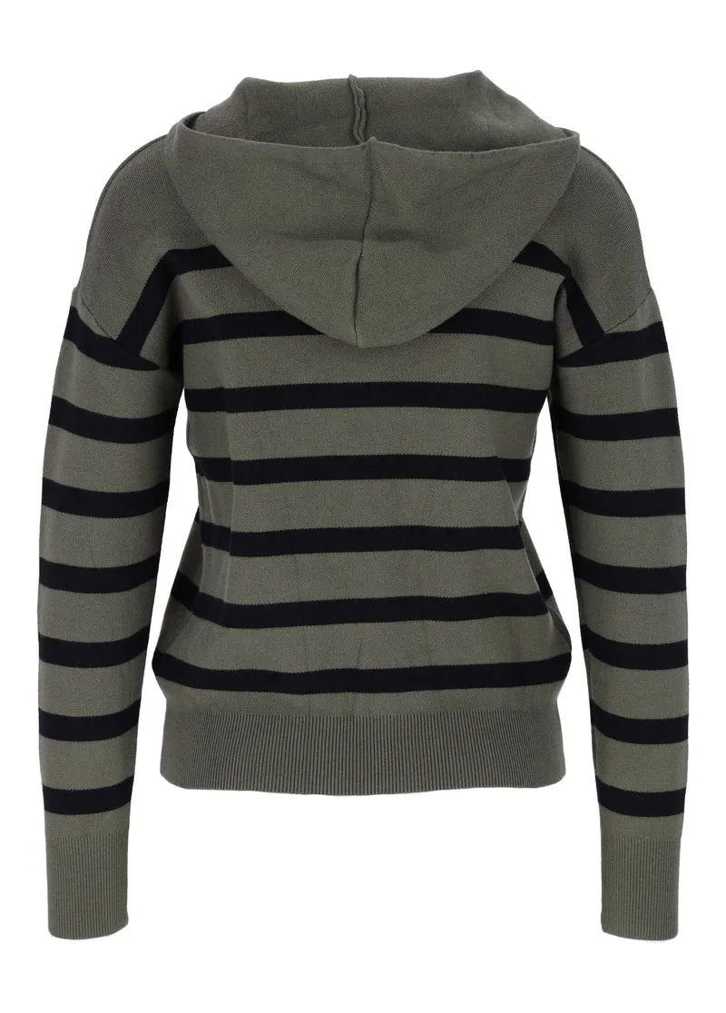 Damen Strickpullover mit Kapuze und Blockstreifen – Khaki