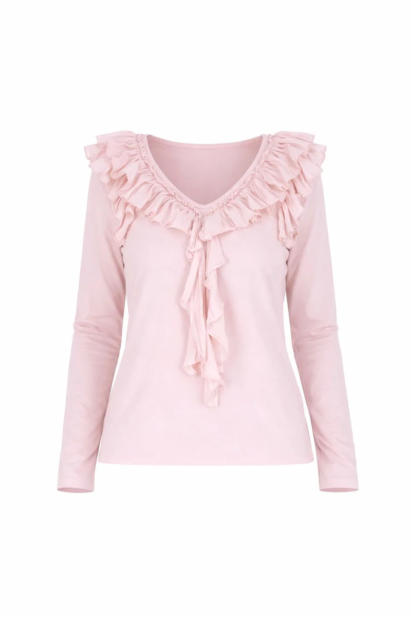 Pinkes Damen Langarmshirt mit Rüschen & V-Ausschnitt
