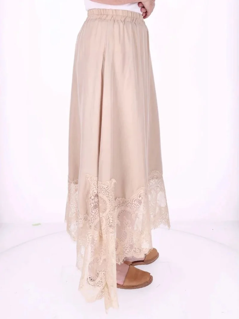 Damen Midi-Rock mit Spitzenkante und asymmetrischem Saum – Beige