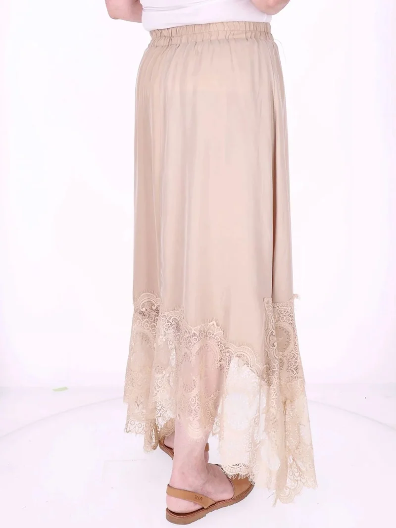 Damen Midi-Rock mit Spitzenkante und asymmetrischem Saum – Beige