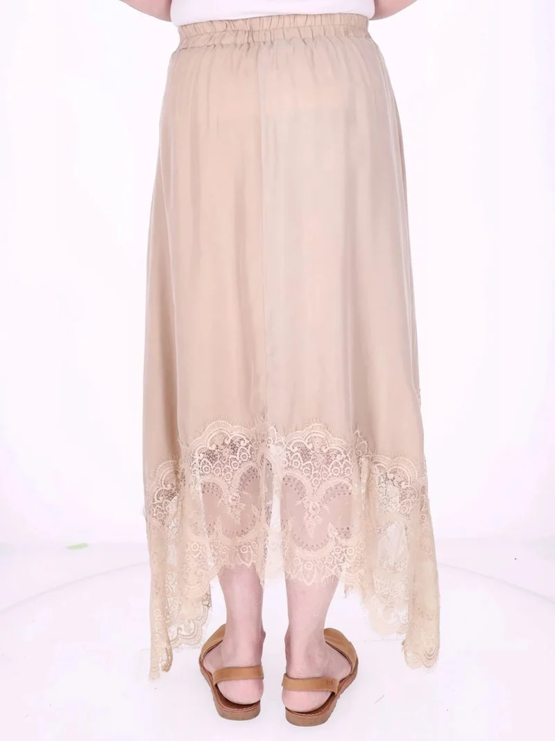 Damen Midi-Rock mit Spitzenkante und asymmetrischem Saum – Beige