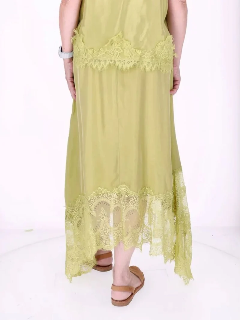 Damen Midi-Rock mit Spitzenkante und asymmetrischem Saum – Grün