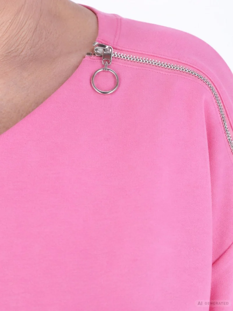 Pinkes Damen Leichtsweatshirt mit V-Ausschnitt & Reißverschluss-Detail