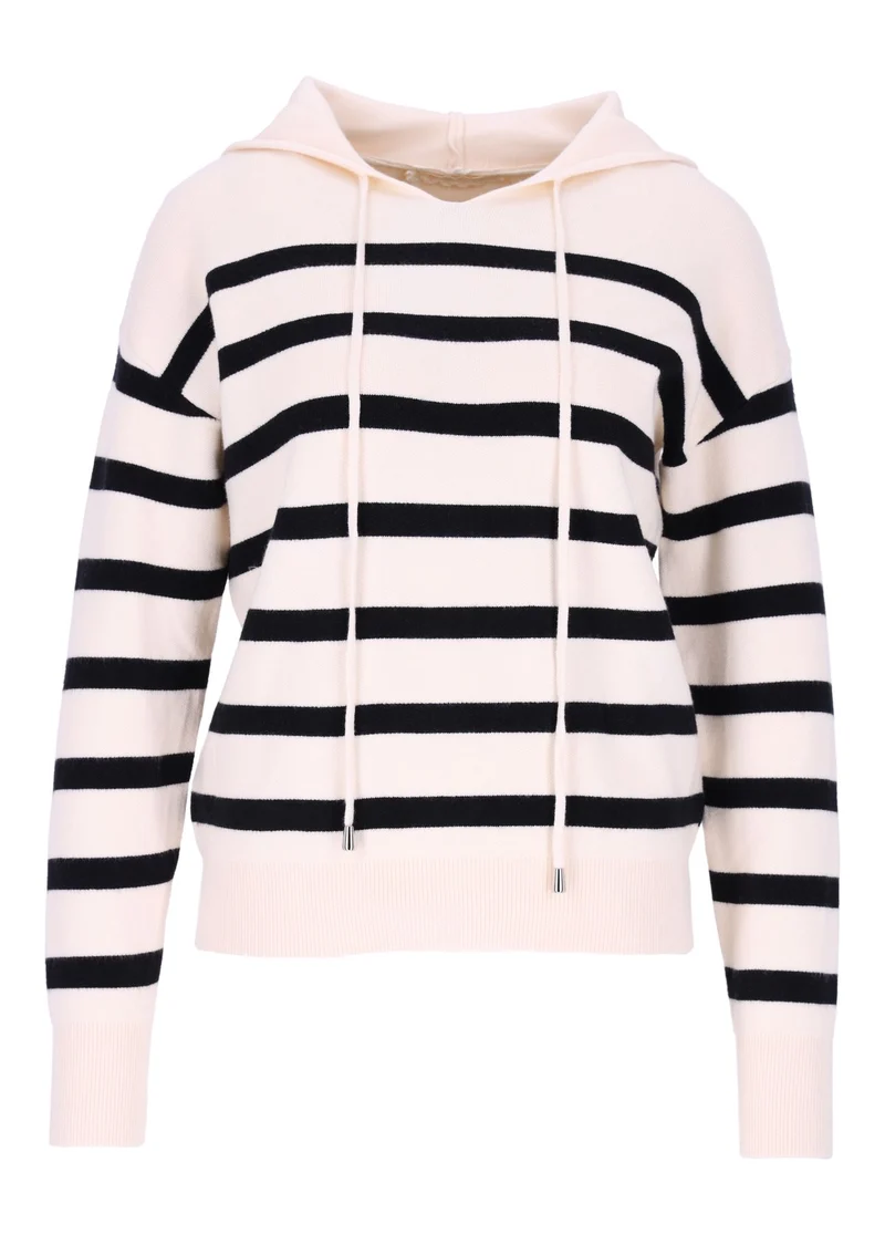 Damen Strickpullover mit Kapuze und Blockstreifen – Beige