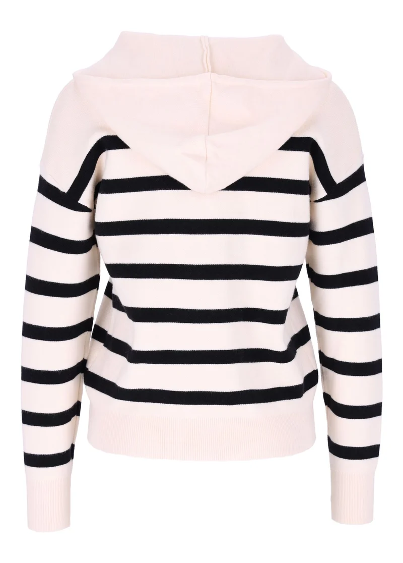 Damen Strickpullover mit Kapuze und Blockstreifen – Beige