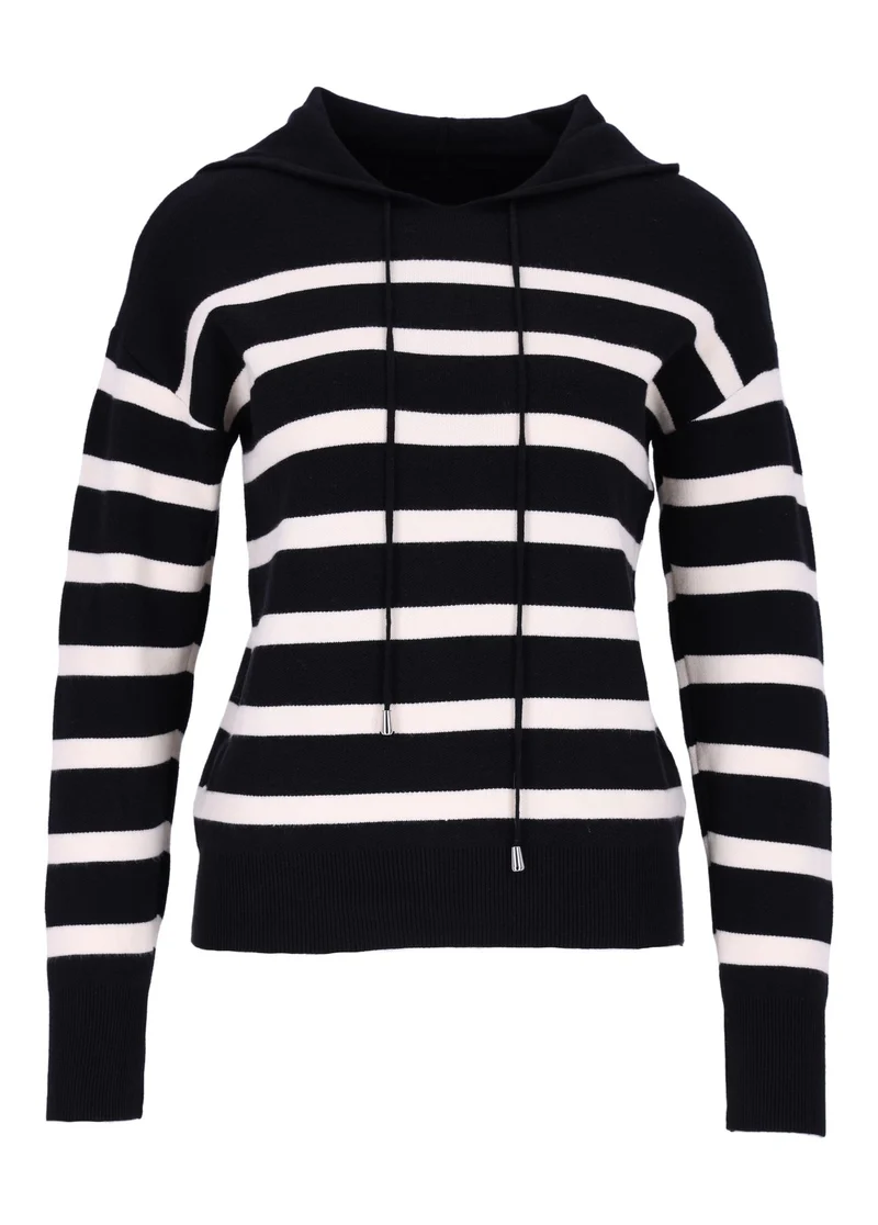 Damen Strickpullover mit Kapuze und Blockstreifen – Schwarz