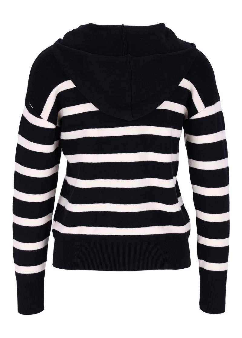 Damen Strickpullover mit Kapuze und Blockstreifen – Schwarz