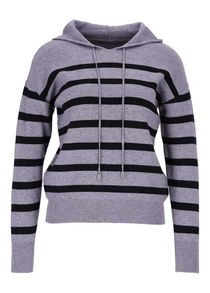 Damen Strickpullover mit Kapuze und Blockstreifen – Grau