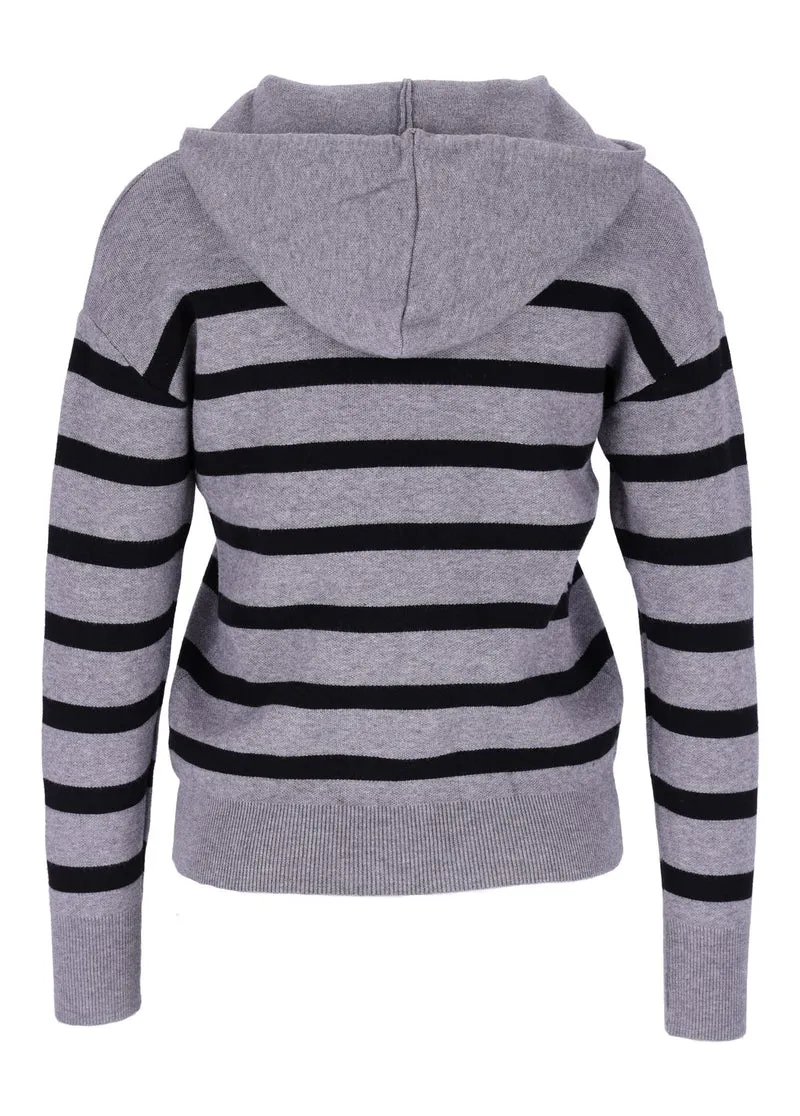 Damen Strickpullover mit Kapuze und Blockstreifen – Grau