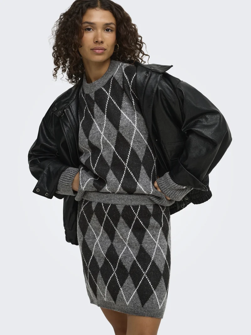 JDYBIANKA HW SKIRT KNT, Dark Grey Melange/Argyle
