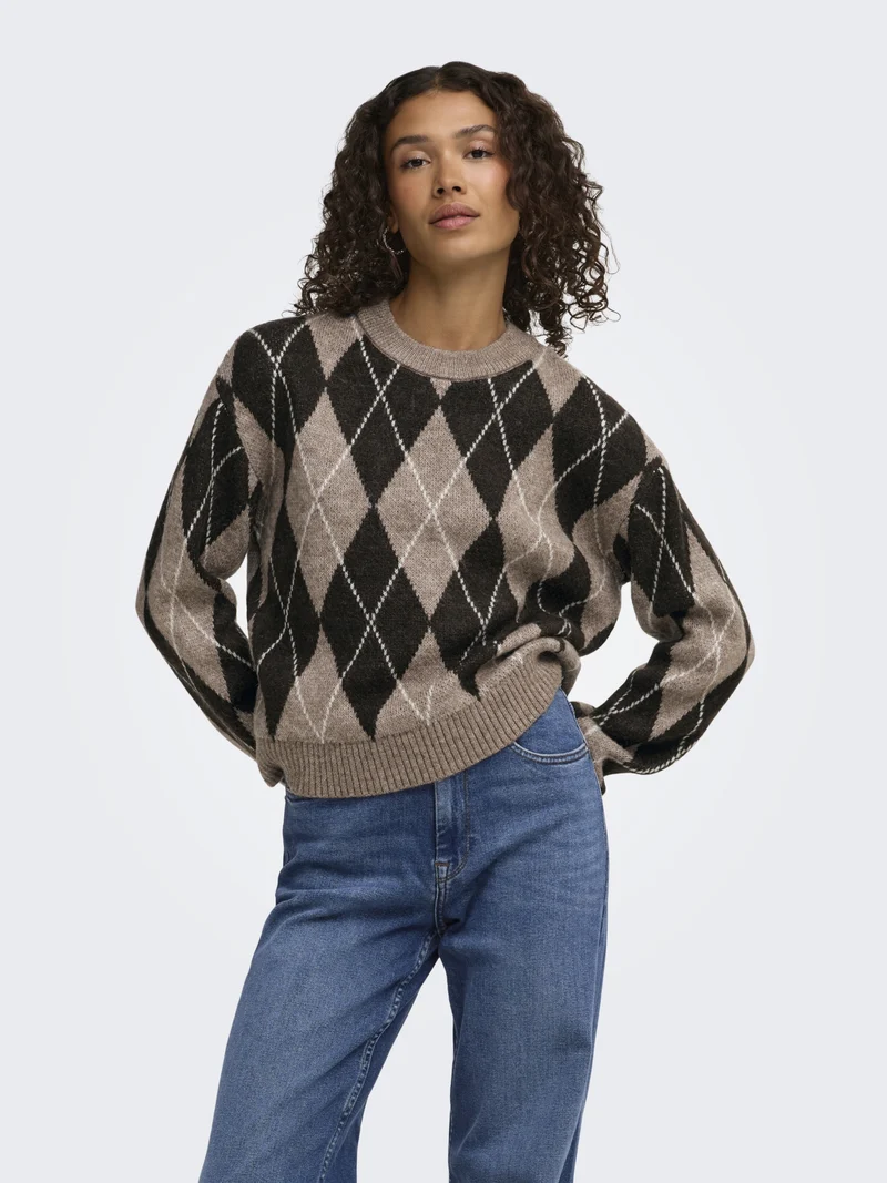 JDYBIANKA L/S ARGYLE PULLOVER KNT N, Chocolate Torte/Argyle