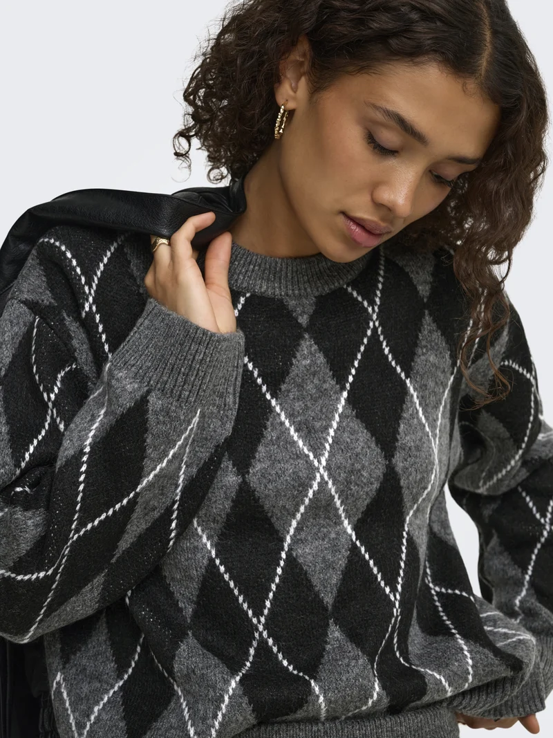 JDYBIANKA L/S ARGYLE PULLOVER KNT N, Dark Grey Melange/Argyle