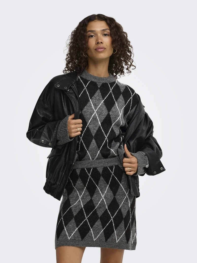JDYBIANKA L/S ARGYLE PULLOVER KNT N, Dark Grey Melange/Argyle