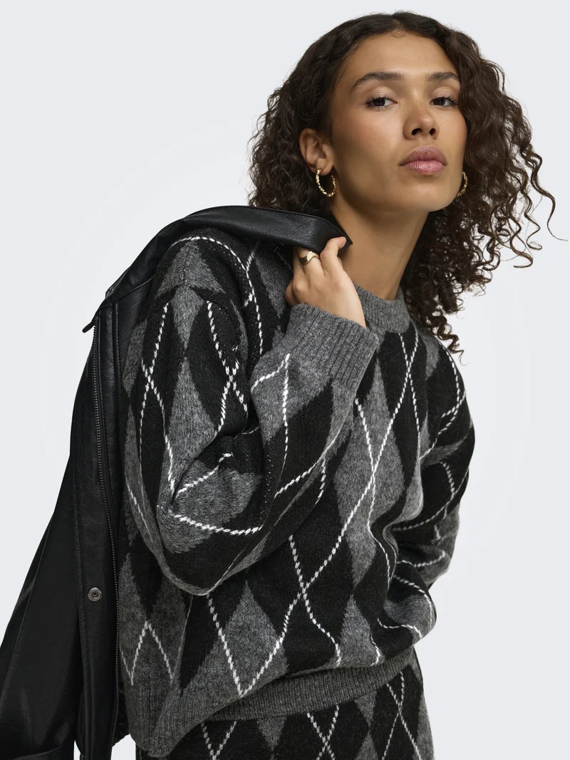 JDYBIANKA L/S ARGYLE PULLOVER KNT N, Dark Grey Melange/Argyle