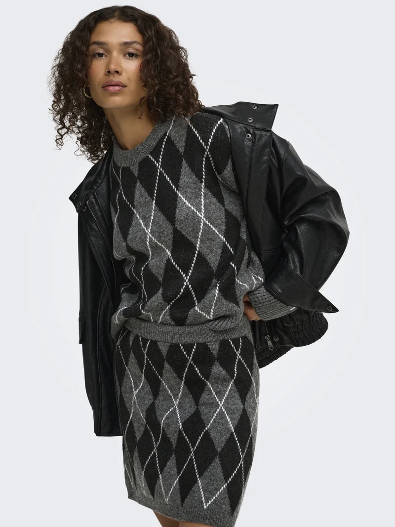 JDYBIANKA L/S ARGYLE PULLOVER KNT N, Dark Grey Melange/Argyle