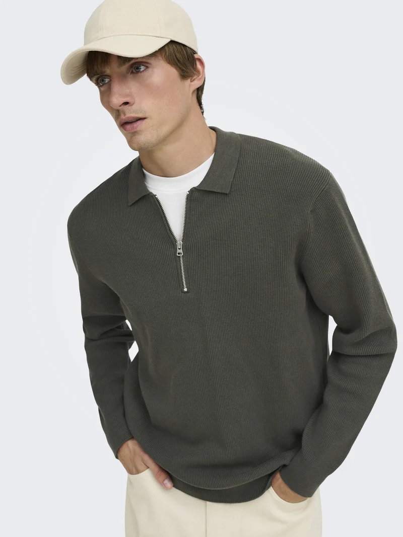 ONSPHIL REG 12 HALF ZIP POLO KNIT, Beluga