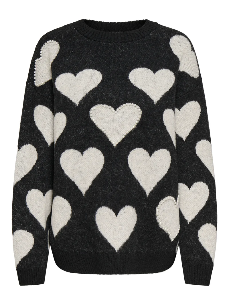 ONLPOPPY LS PATTERN PEARL O-NECK KN, Black/Heart/Birch/Mel/Pearl