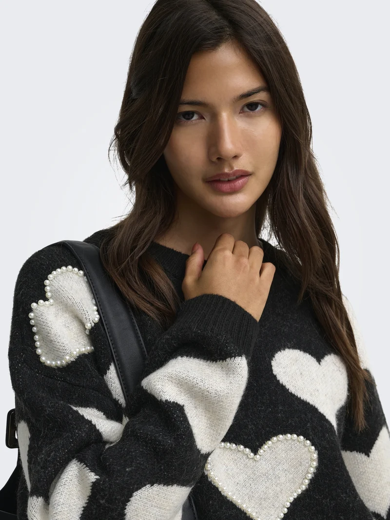 ONLPOPPY LS PATTERN PEARL O-NECK KN, Black/Heart/Birch/Mel/Pearl