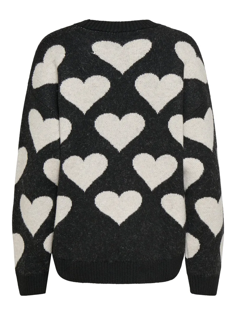 ONLPOPPY LS PATTERN PEARL O-NECK KN, Black/Heart/Birch/Mel/Pearl