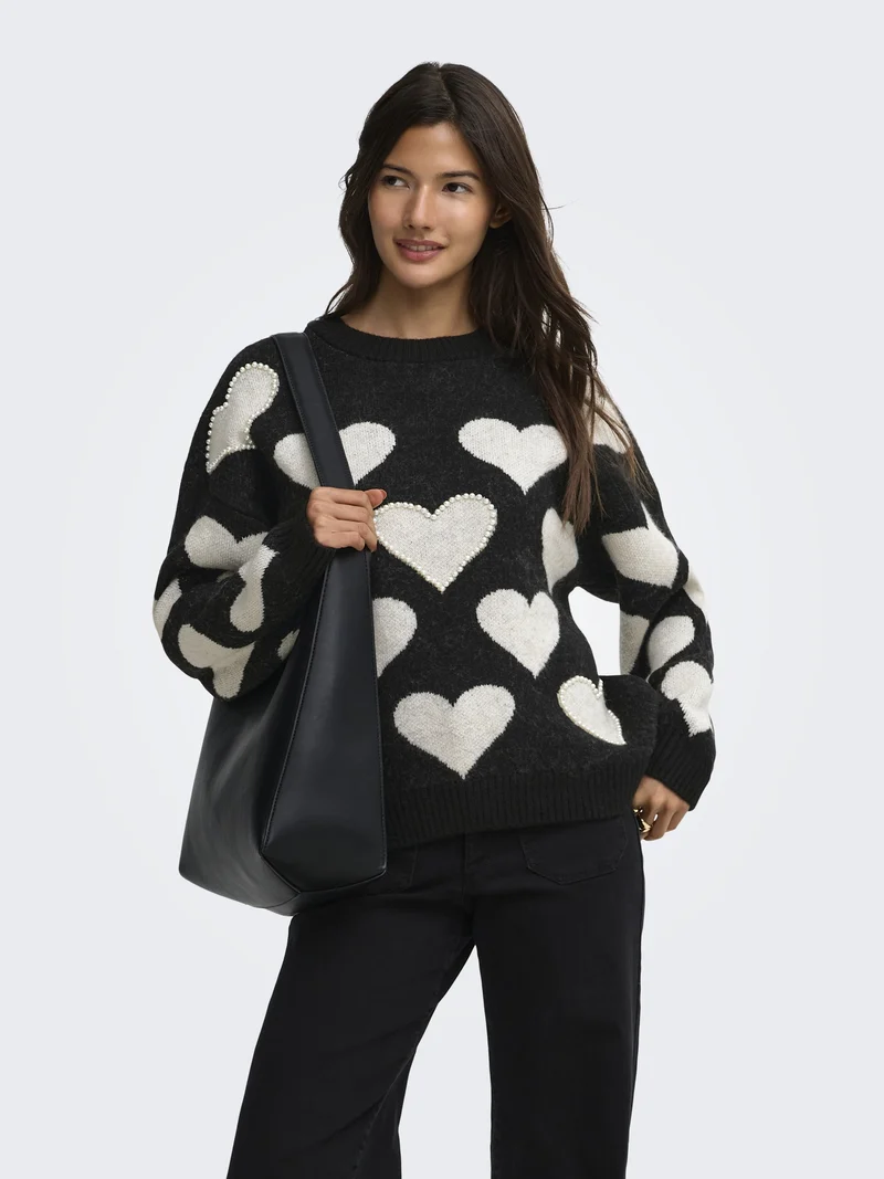 ONLPOPPY LS PATTERN PEARL O-NECK KN, Black/Heart/Birch/Mel/Pearl