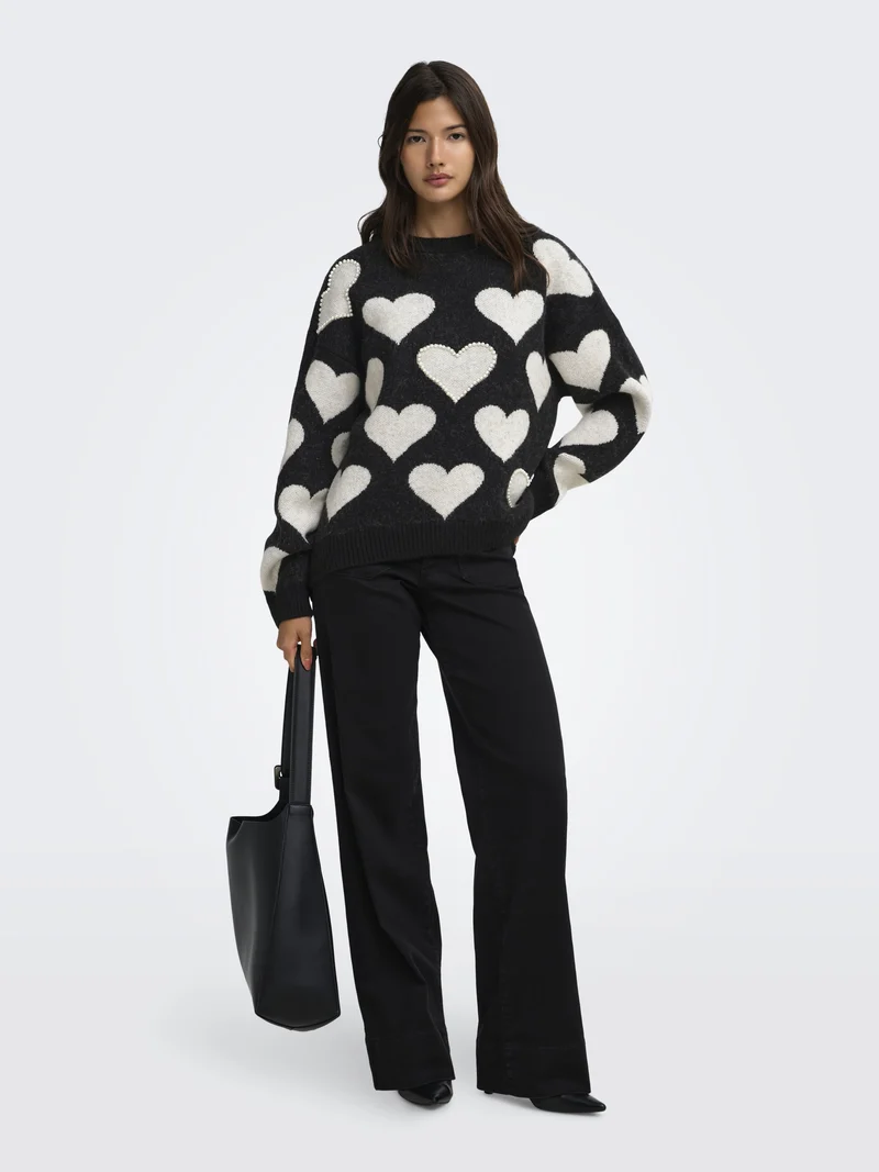 ONLPOPPY LS PATTERN PEARL O-NECK KN, Black/Heart/Birch/Mel/Pearl