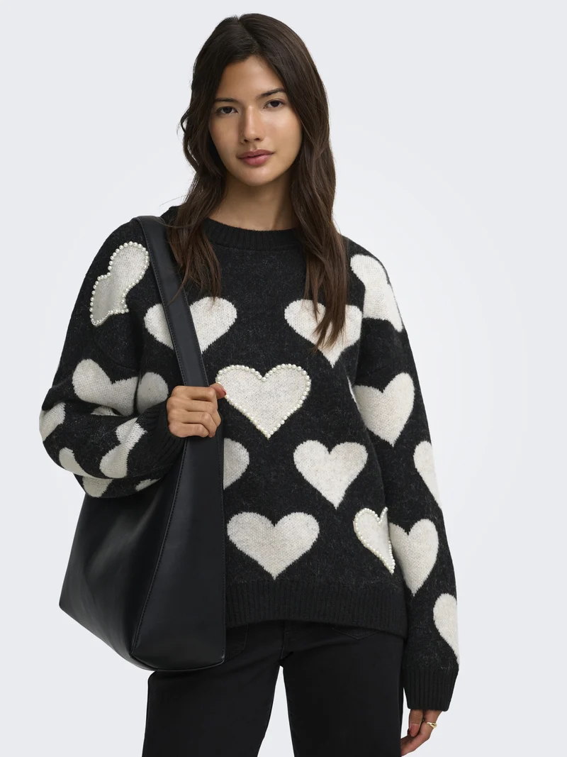 ONLPOPPY LS PATTERN PEARL O-NECK KN, Black/Heart/Birch/Mel/Pearl