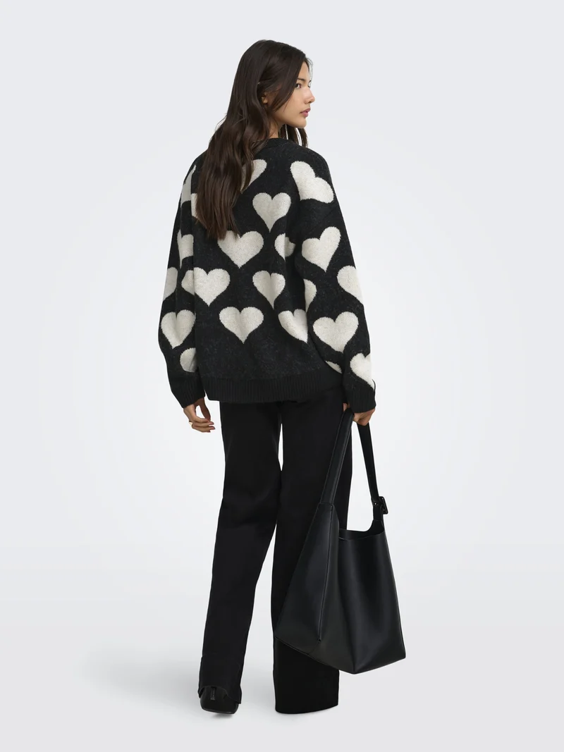 ONLPOPPY LS PATTERN PEARL O-NECK KN, Black/Heart/Birch/Mel/Pearl