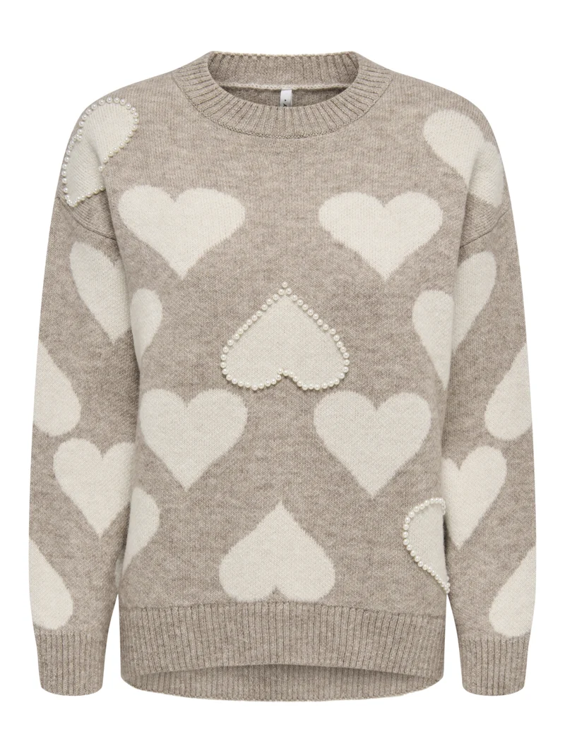 ONLPOPPY LS PATTERN PEARL O-NECK KN, String/Heart/Birch/Mel/Pearl