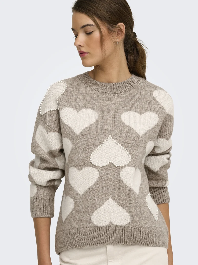 ONLPOPPY LS PATTERN PEARL O-NECK KN, String/Heart/Birch/Mel/Pearl