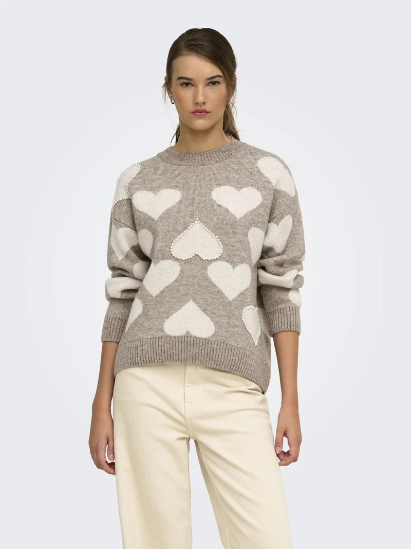 ONLPOPPY LS PATTERN PEARL O-NECK KN, String/Heart/Birch/Mel/Pearl