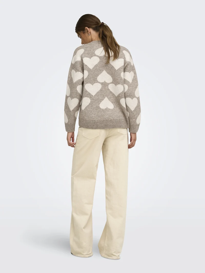ONLPOPPY LS PATTERN PEARL O-NECK KN, String/Heart/Birch/Mel/Pearl