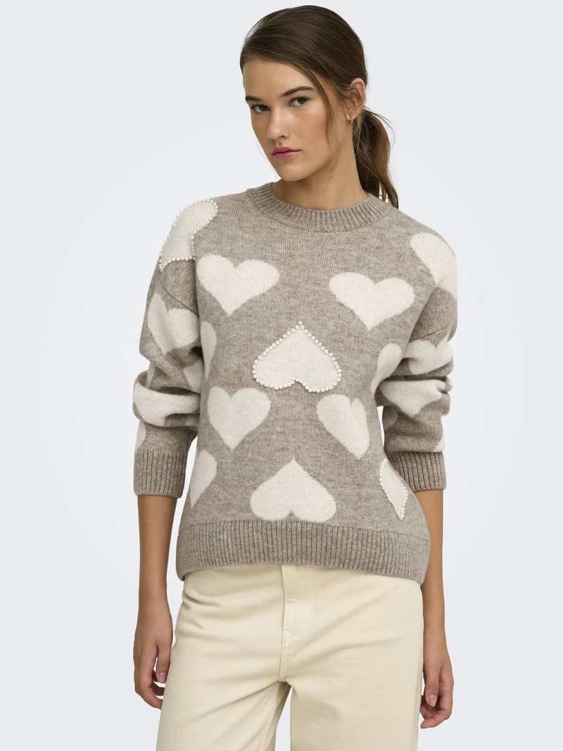 ONLPOPPY LS PATTERN PEARL O-NECK KN, String/Heart/Birch/Mel/Pearl
