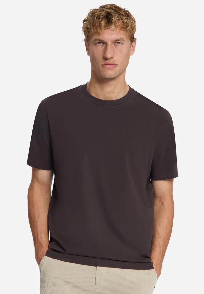T-Shirt Crewneck Solid Basic Stretch, Dark Brown