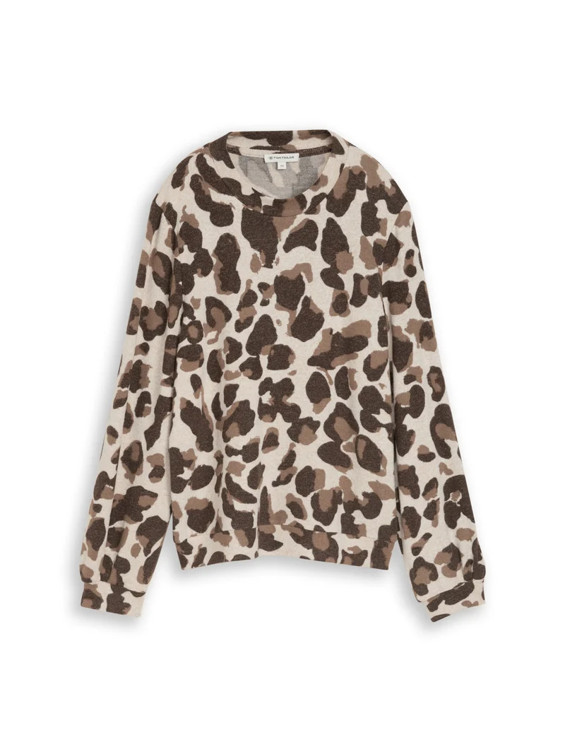T-shirt cozy alloverprint, beige melange brown leo print