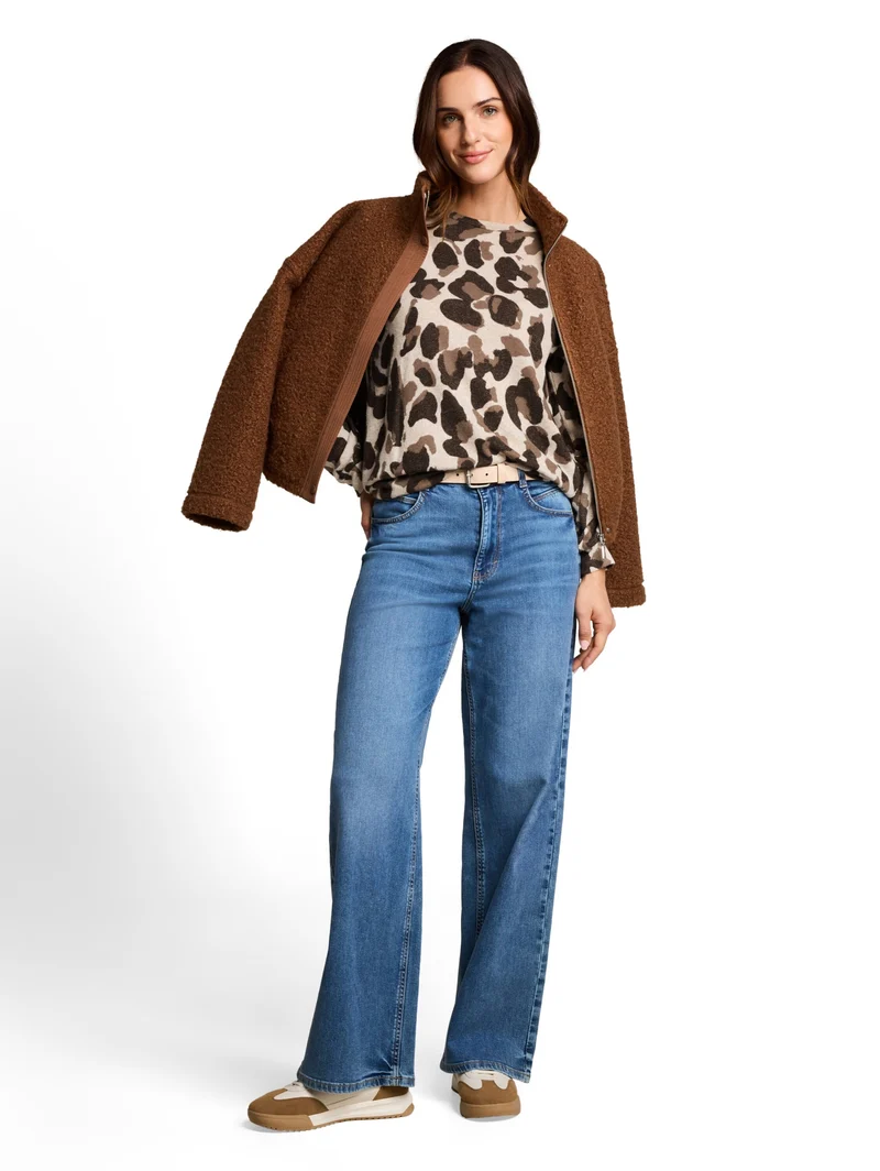 T-shirt cozy alloverprint, beige melange brown leo print