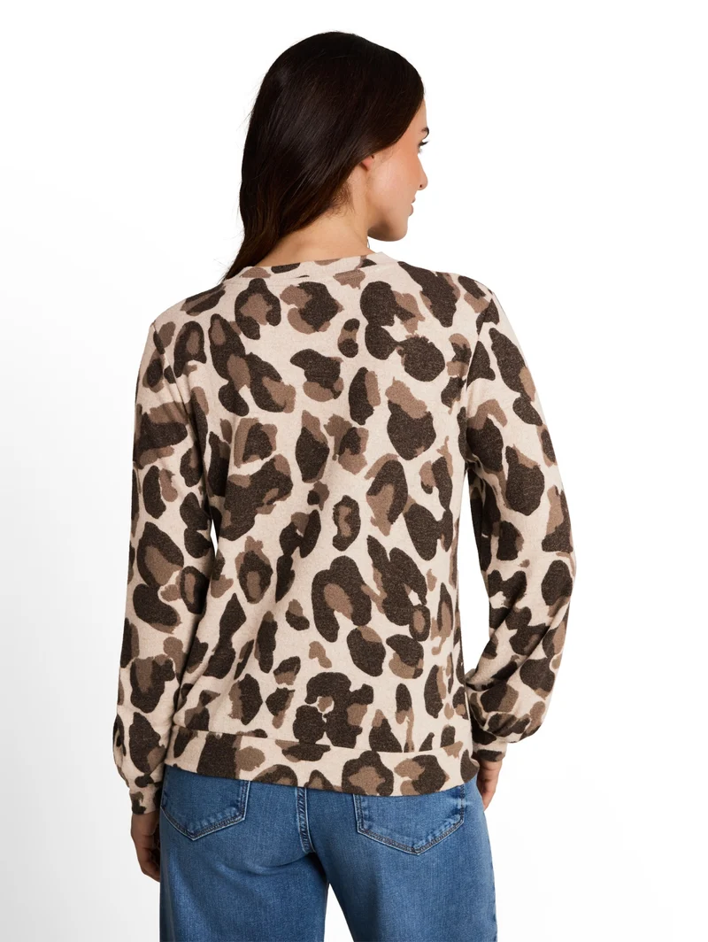 T-shirt cozy alloverprint, beige melange brown leo print