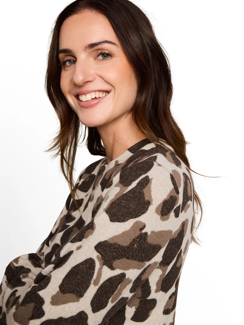 T-shirt cozy alloverprint, beige melange brown leo print