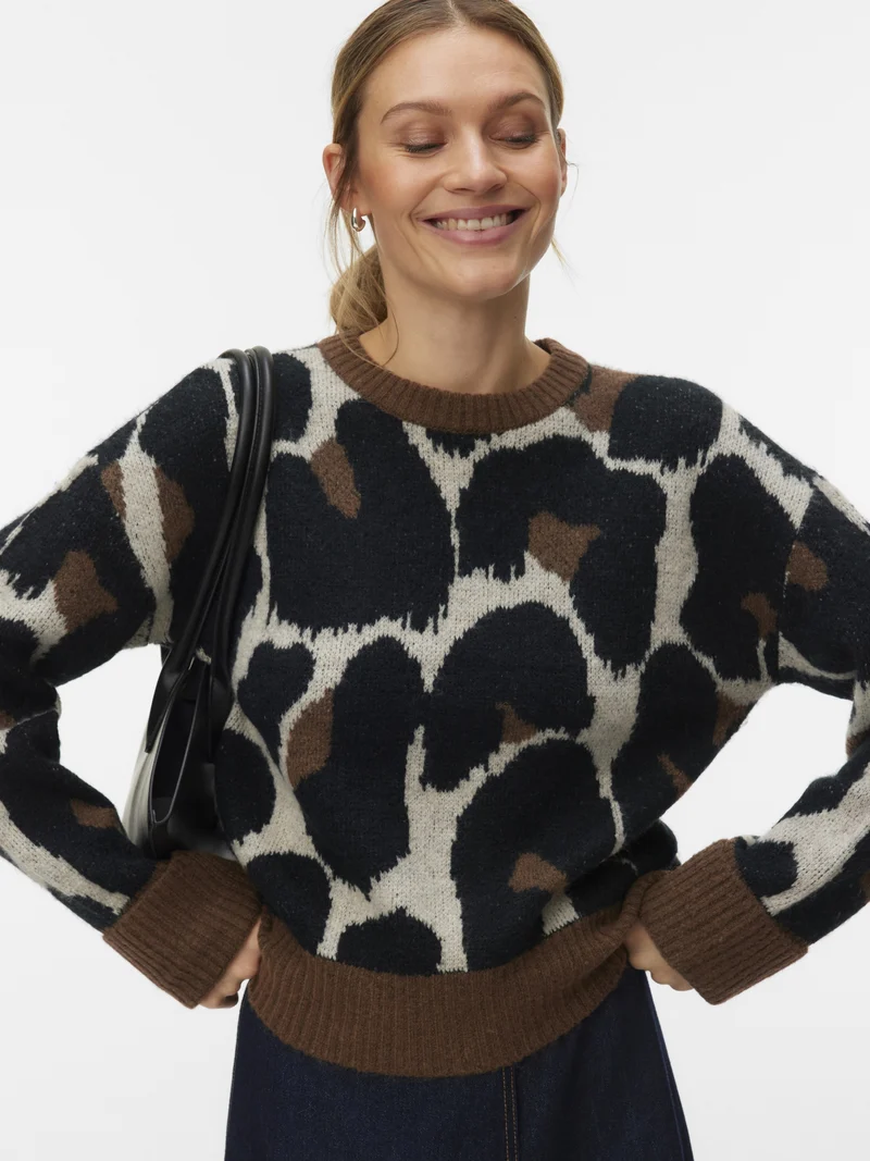 VMLEONIE LS O-NECK PULLOVER BOO, Cocoa Brown/BLACK/BIRCH/LEO
