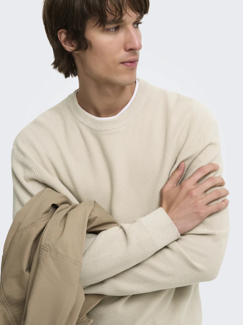 ONSTONY RLX 12 LS WAFFLE CREW KNIT, Silver Lining