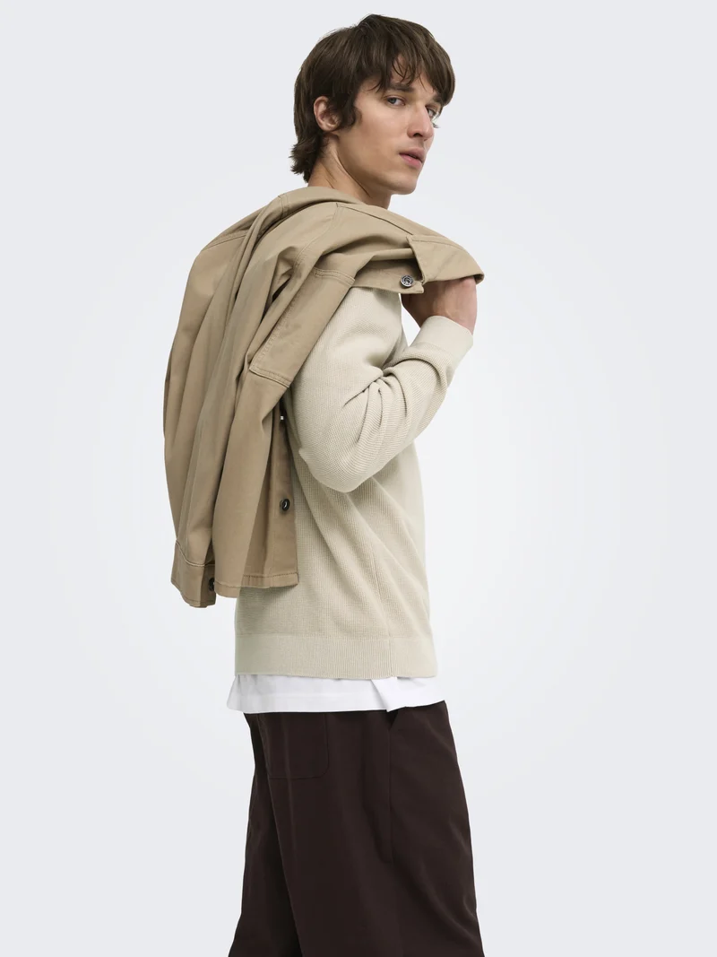 ONSTONY RLX 12 LS WAFFLE CREW KNIT, Silver Lining