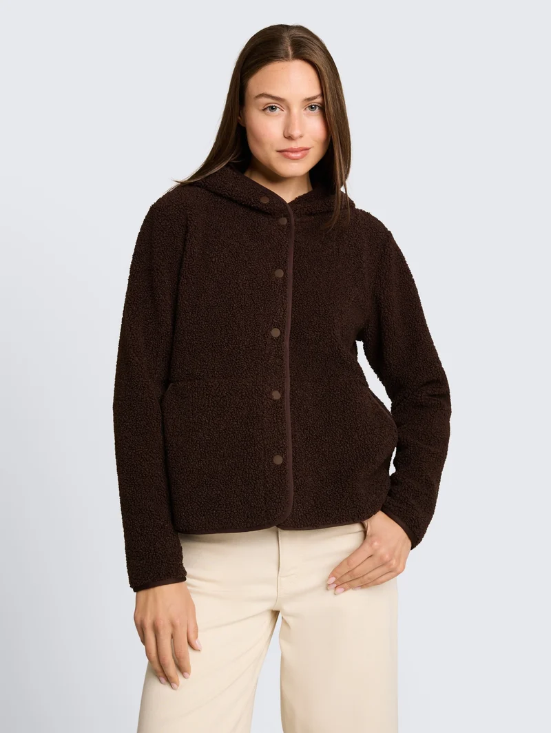 Sweatjacket teddy with buttons, java dark brown