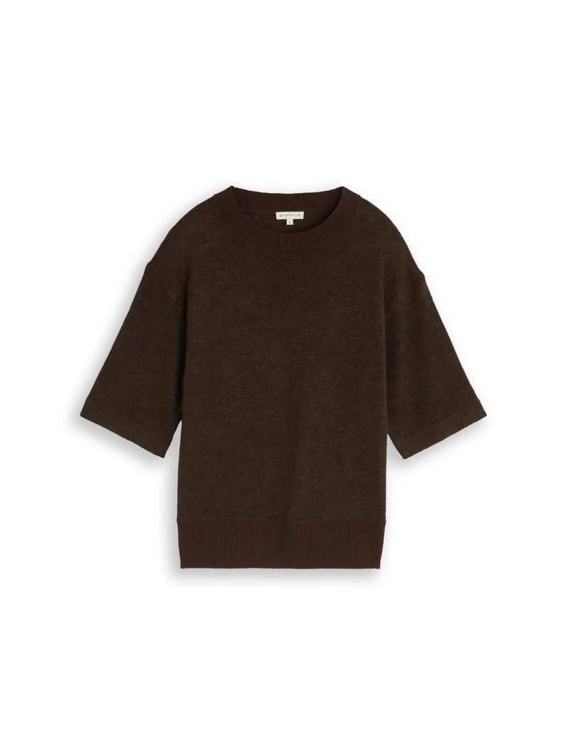 knit cosy shortsleeve sweater, java dark brown melange