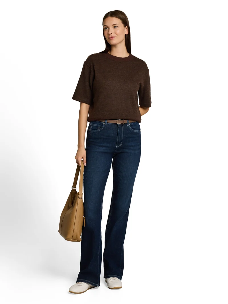 knit cosy shortsleeve sweater, java dark brown melange